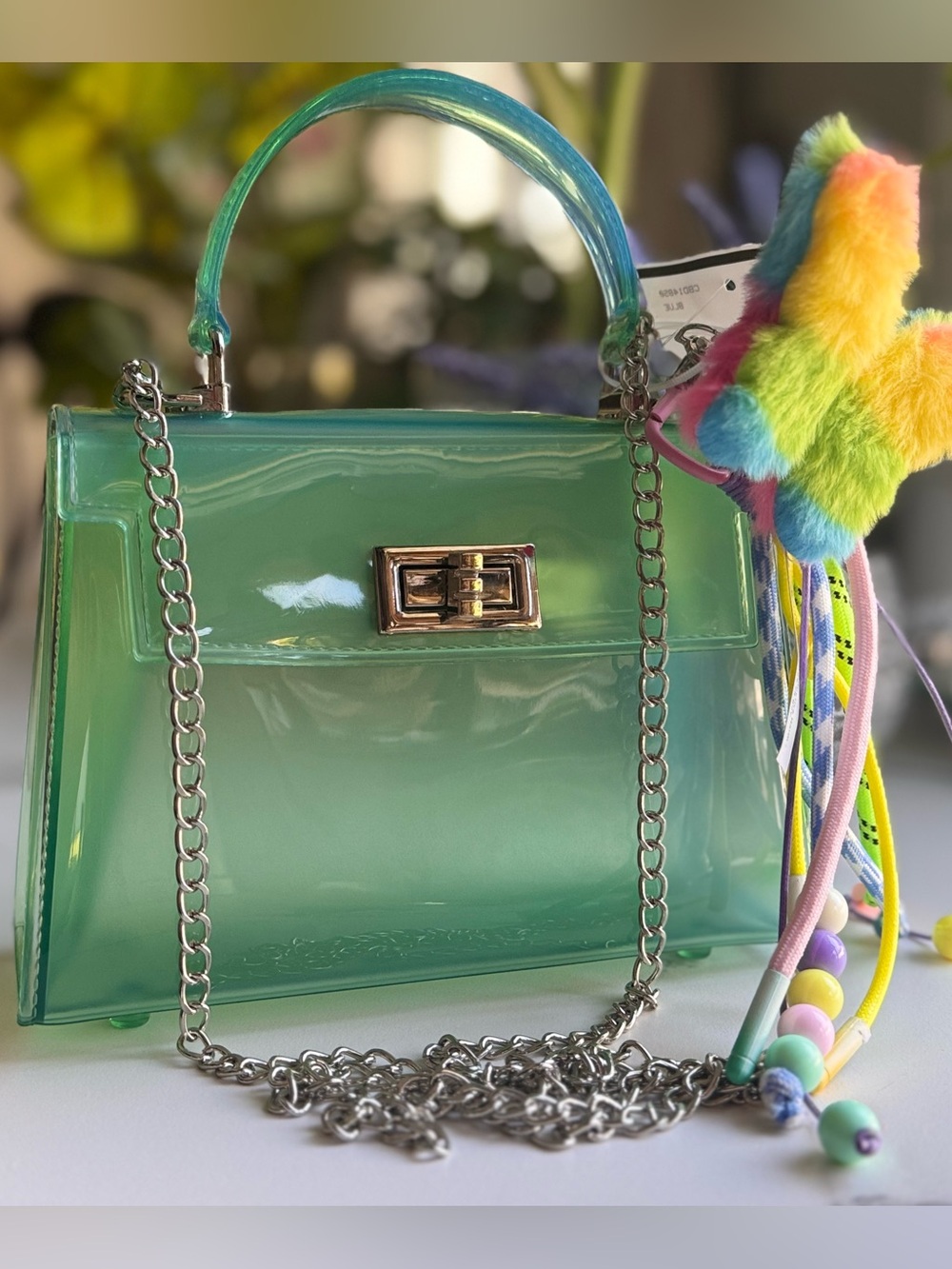 Green Jelly Top-Handle Mini Satchel Crossbody + chain +charms